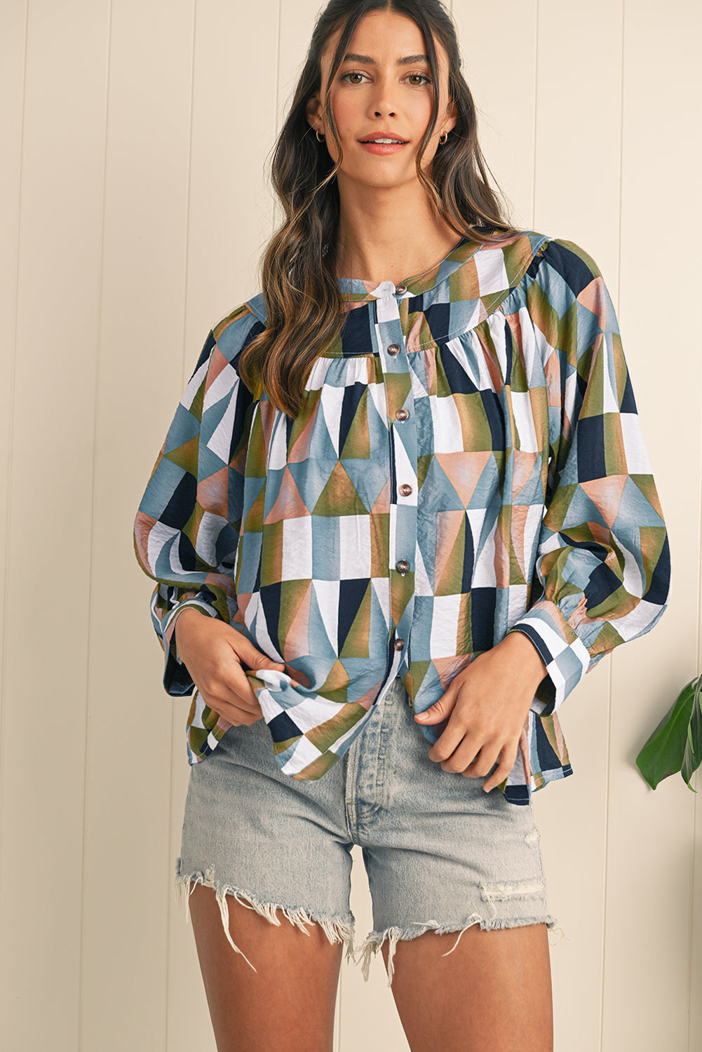 Green Geometric Print Button Balloon Sleeve Loose Fit Shirt