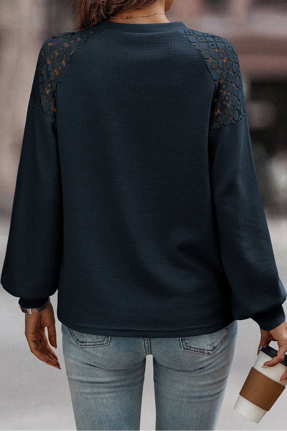 Real Teal Lace Patchwork Long Sleeve Textured Pullover