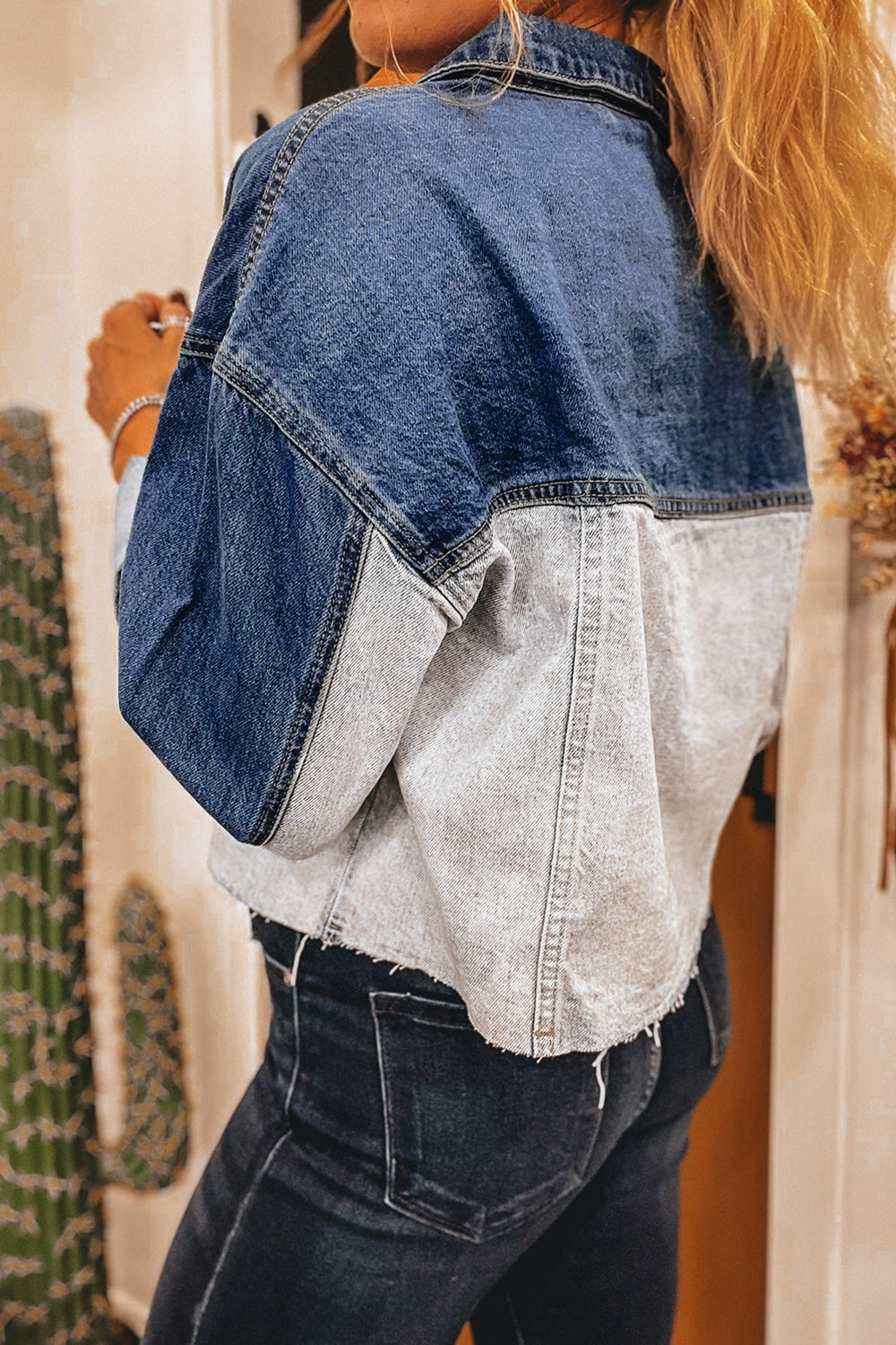 Dusk Blue Patchwork Flap Detail Distress Denim Jacket