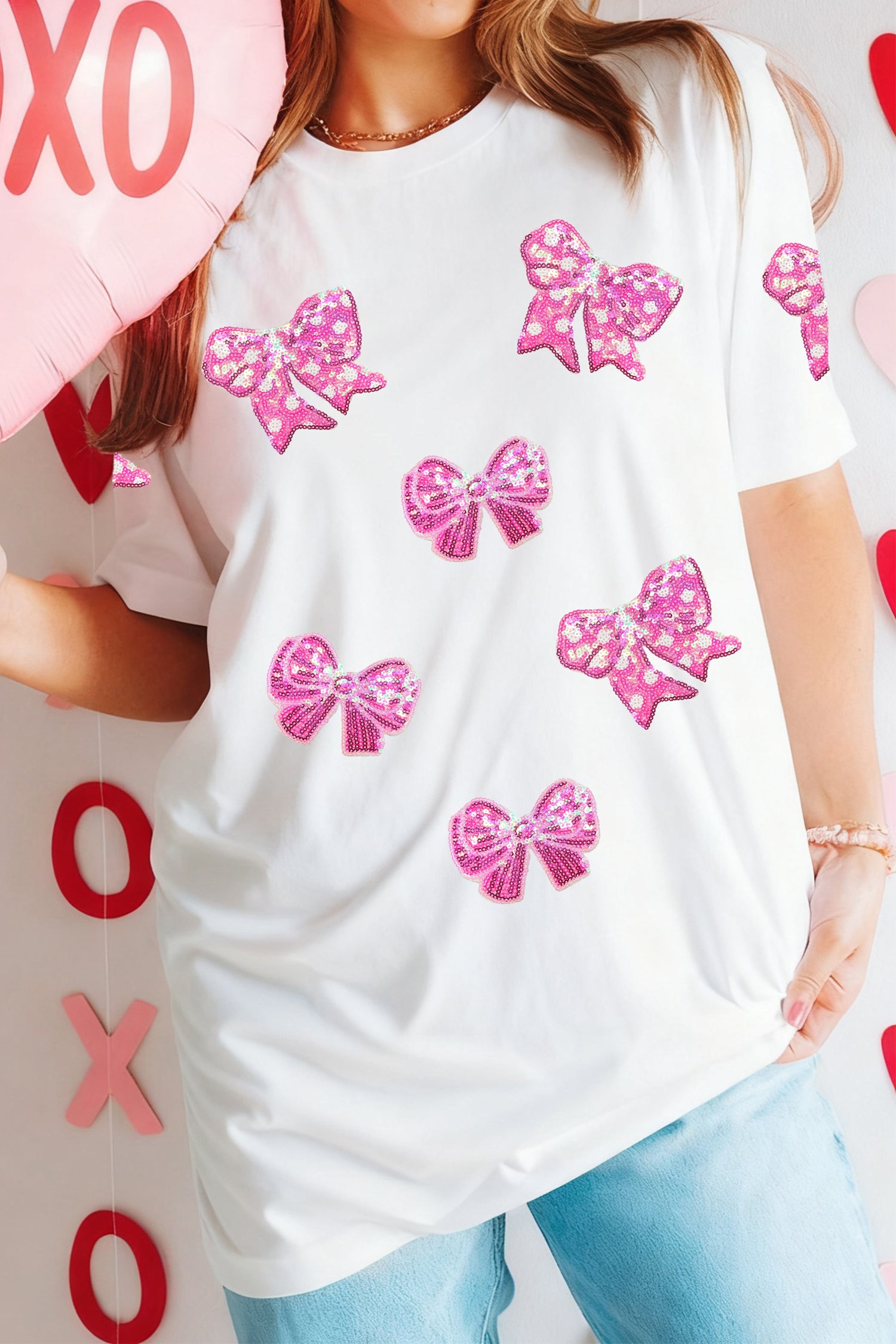 White Shimmering Bow Patched Pattern Valentine T Shirt