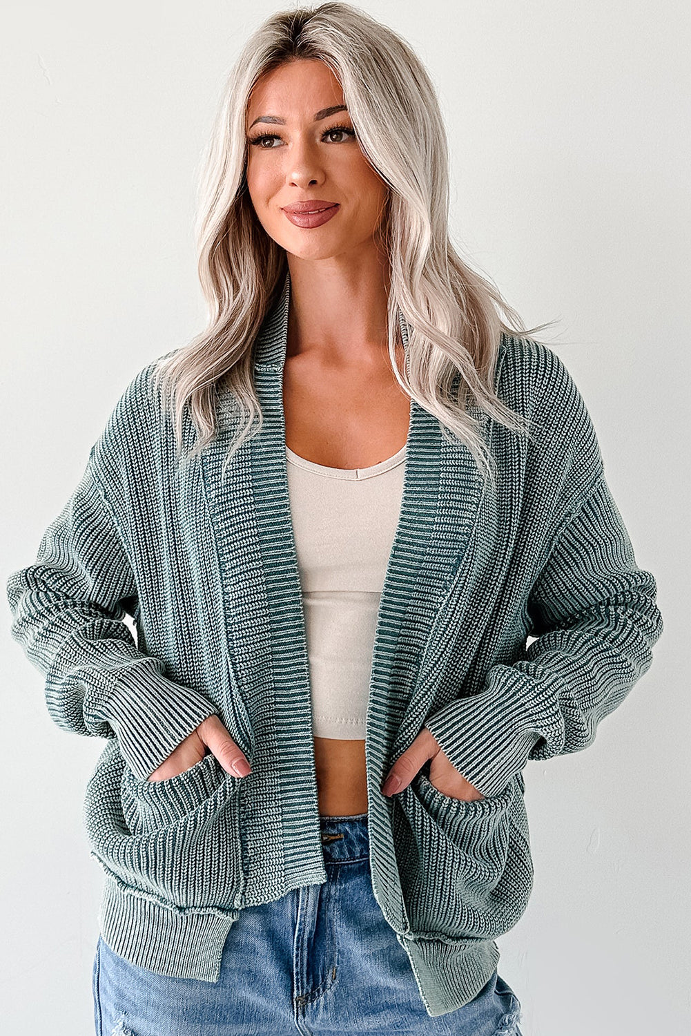 Evergreen Mineral Wash Exposed Seam Patchwork Knit Cardigan