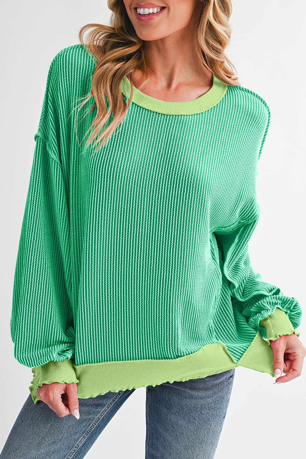Bright Green Twisted Ribbed Seamed Patchwork Long Sleeve Top