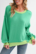 Bright Green Twisted Ribbed Seamed Patchwork Long Sleeve Top