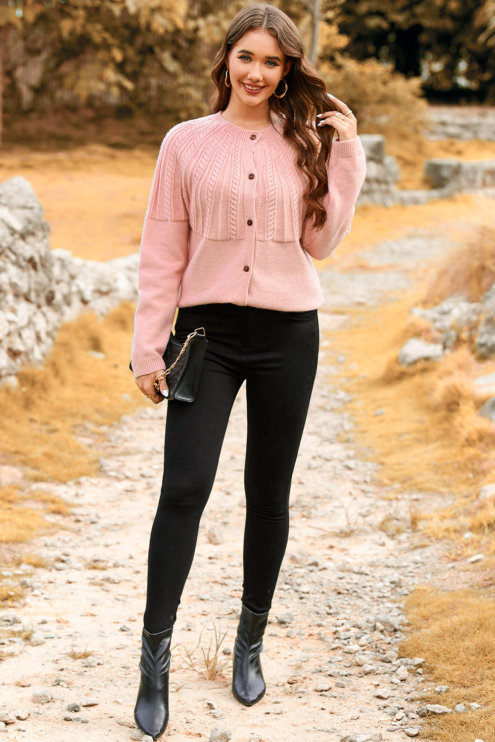 Light Pink Solid Color Textured Detail Button Down Long Sleeve Sweater Cardigan