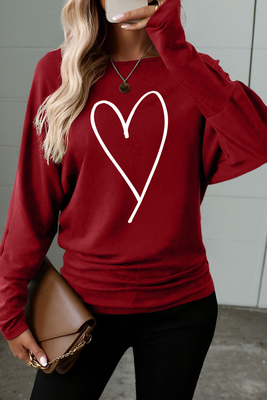 Red Dahlia Heart-shaped Print Valentines Day Long Sleeve Top