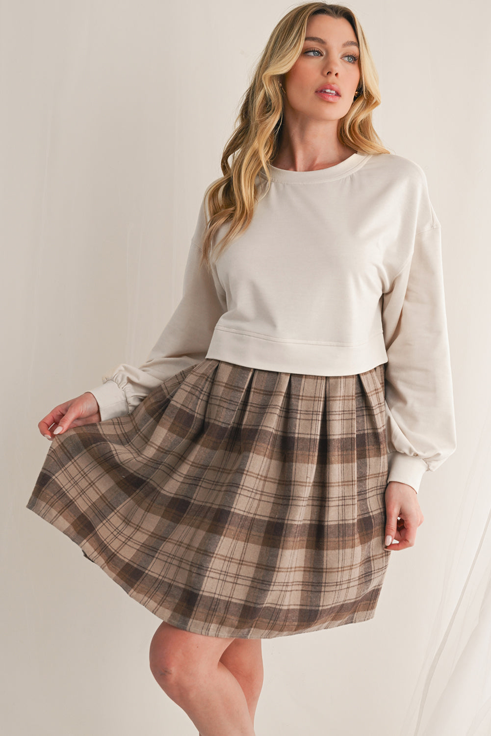 Black Plaid Patchwork High Waist Sweatshirt Mini Dress