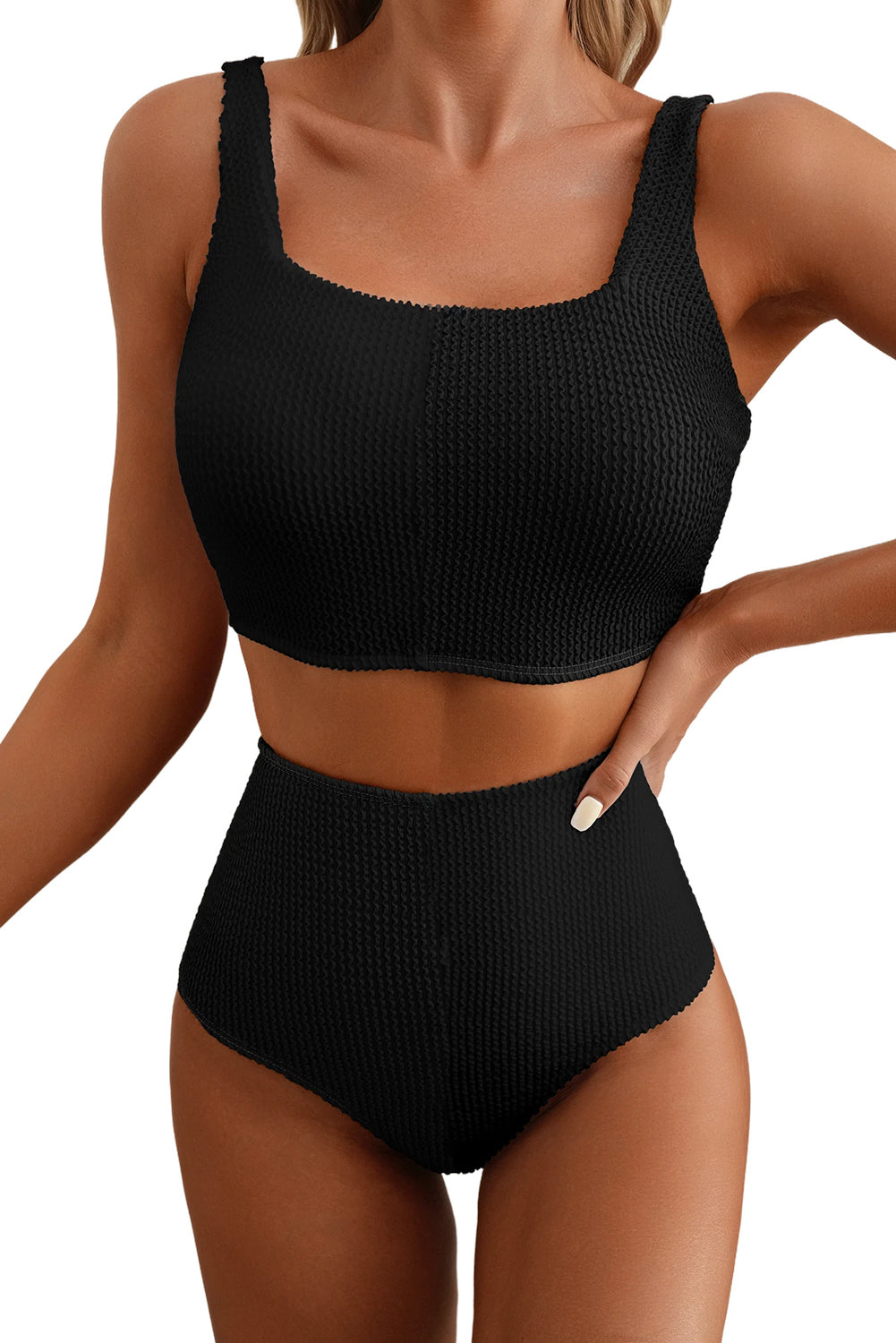 Black Corded Solid Square Neck Bikini Swimsuit