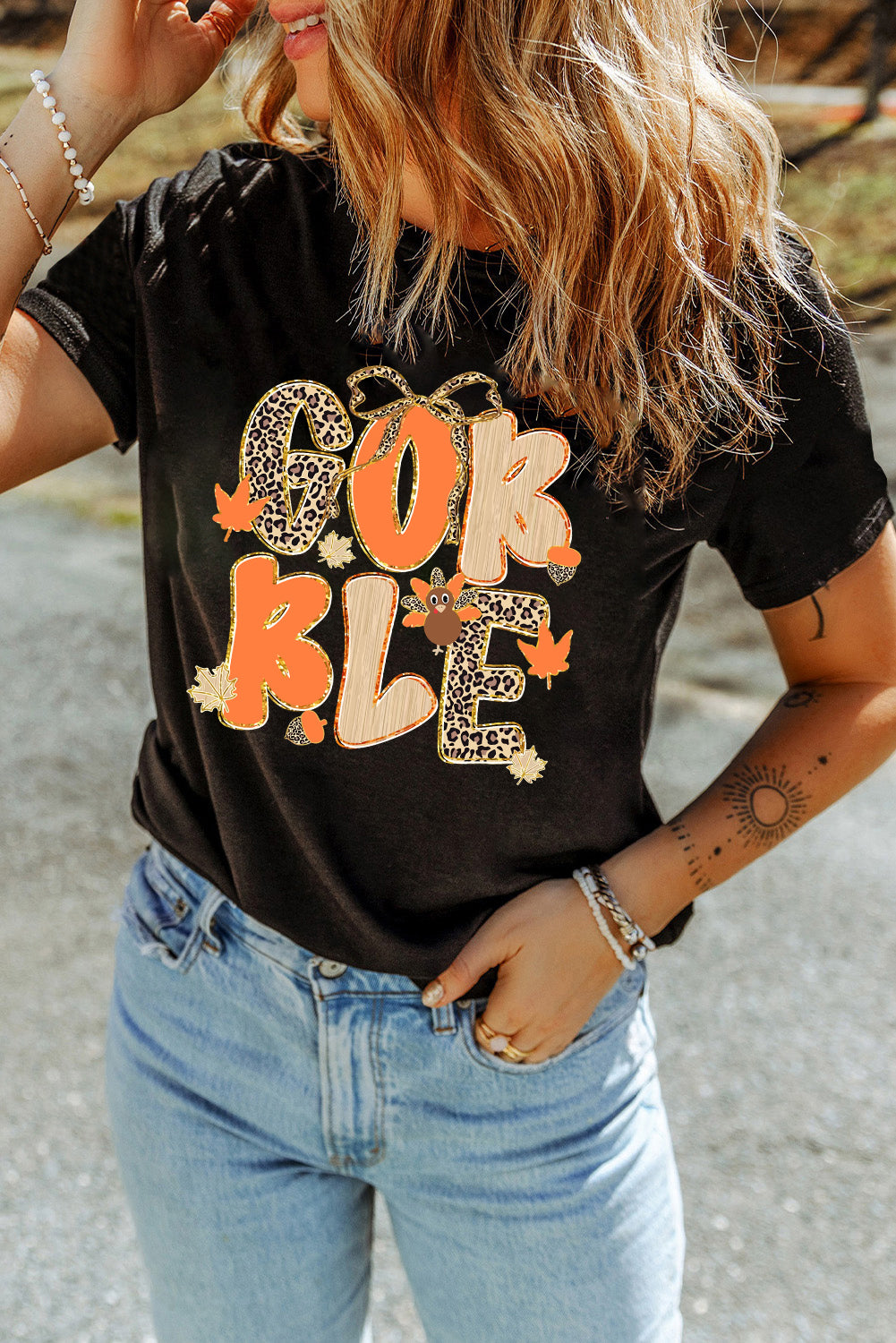 Black GOBBLE Leopard Letter Turkey Bow Graphic Heat Transfer Printing T Shirt