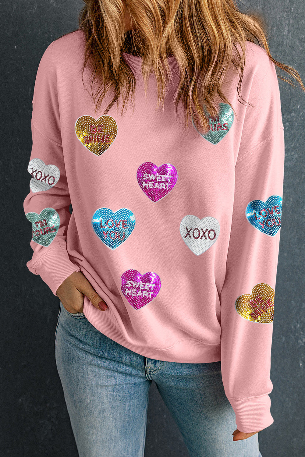 Sudadera con estampado romántico de corazones y lentejuelas rosas para San Valentín