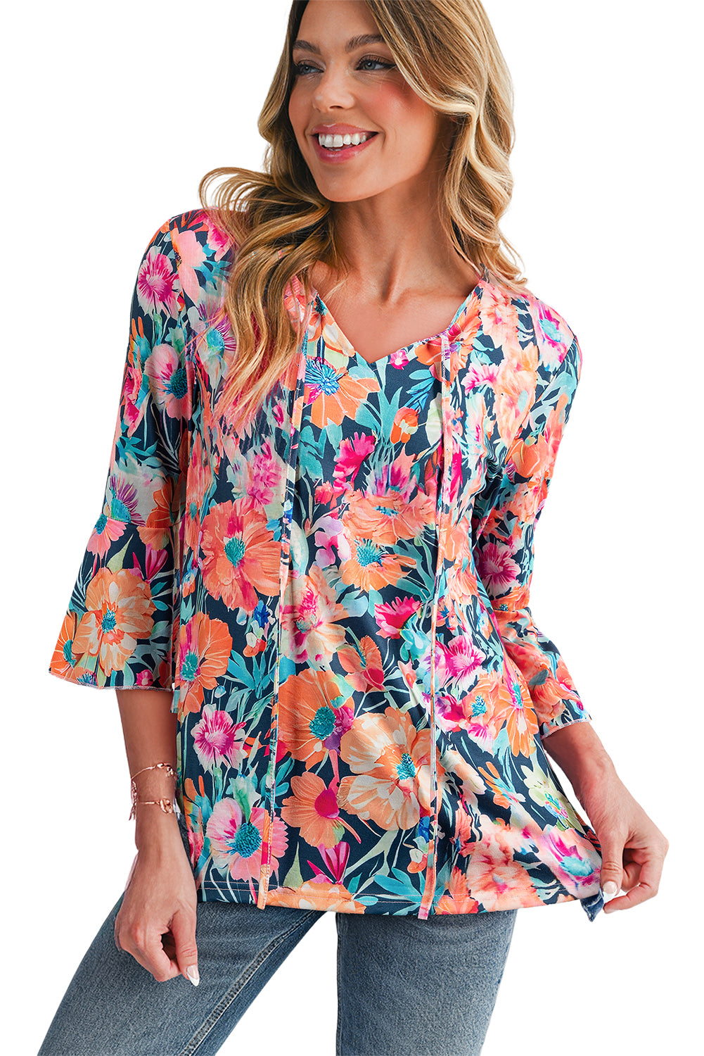 Black Floral 3/4 Flare Sleeve Tied V Neck Blouse