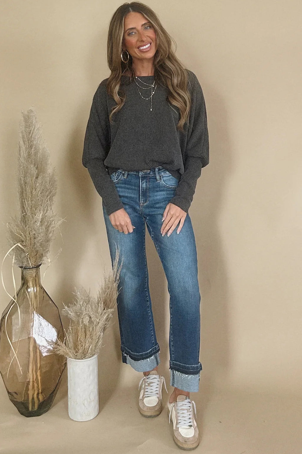 Carbon Grey Twisted Ribbed Dolman Long Sleeve Top