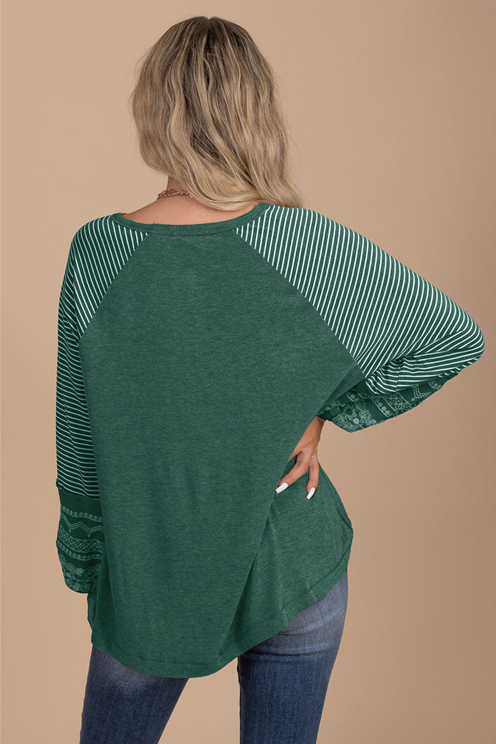Medium Grey Contrast Print Striped Raglan Long Sleeve Loose Top