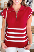 Fiery Red Quarter Zip Striped Detail Short Sleeve Sweater