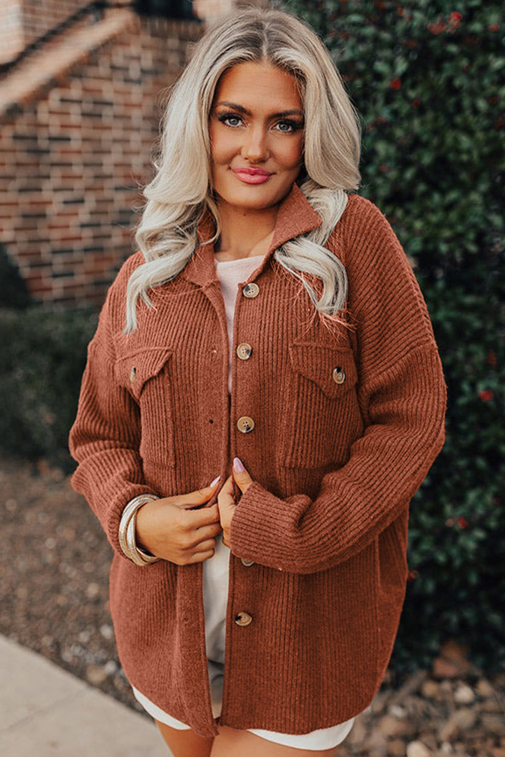 Red Sandalwood Ribbed Knit Buttons Front Flap Pocket Casual Shacket