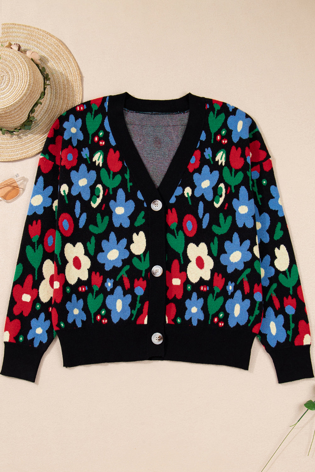 Black Vibrant Floral V Neck Knit Cardigan