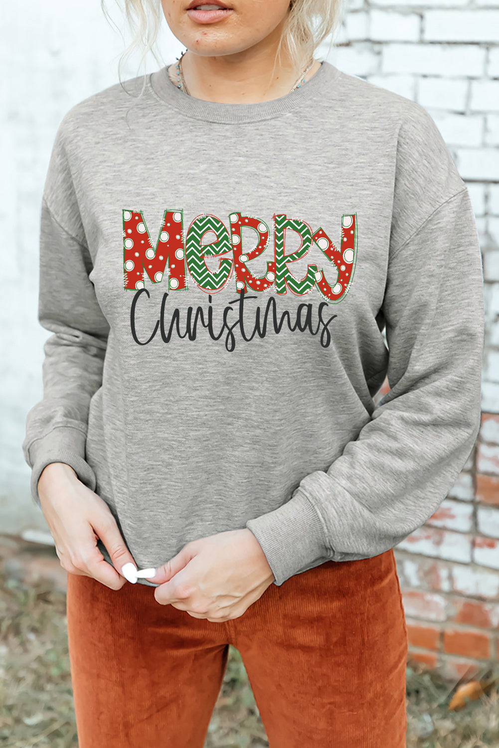Gray Merry Christmas Festive Letter  Heat Transfer Printing Drop Shoulder Sweatshirt