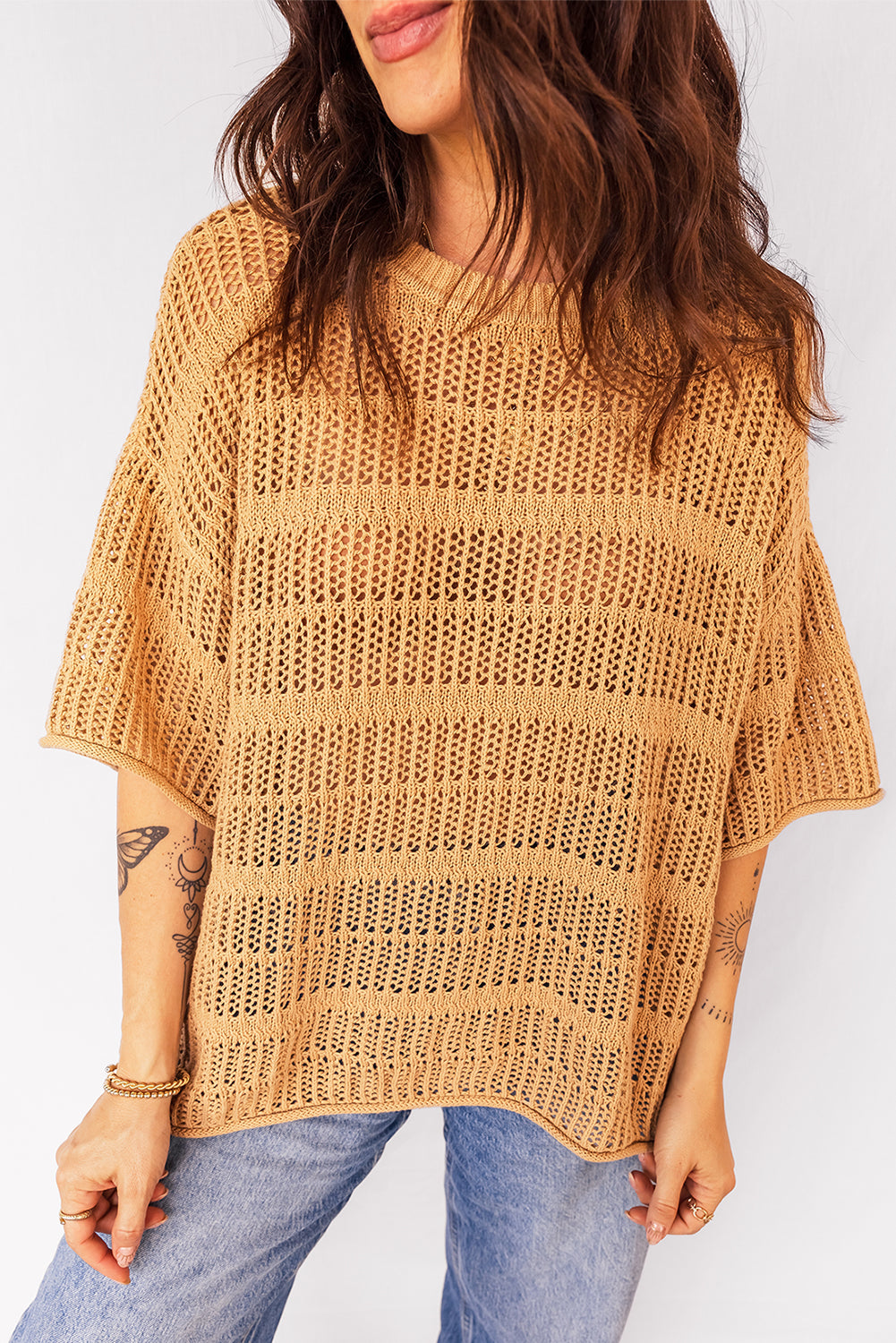 Mustard Hollow out Openwork Knit 3/4 Sleeve Sweater