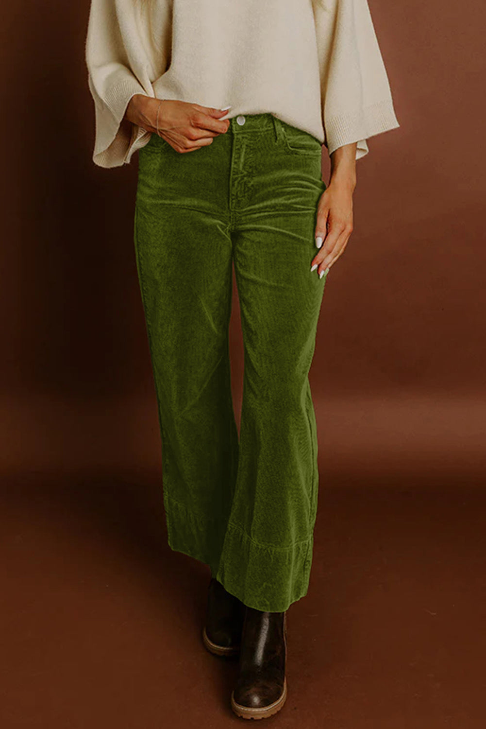Vineyard Green Corduroy Solid Color High Waist Wide Leg Pants
