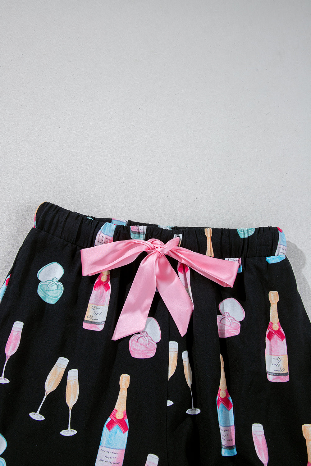 Color black Christmas Wine Glass Print Bow Knot Two Piece Pajama Set