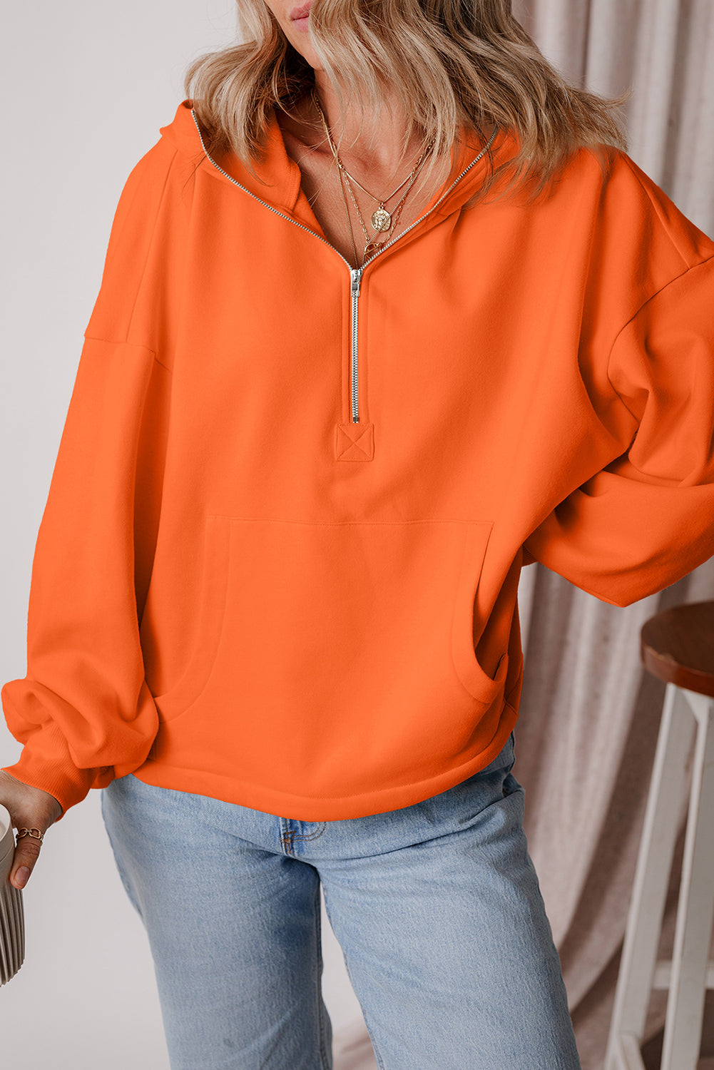 Orange Half Zipper Kangaroo Pockets Drop Shoulder Hoodie