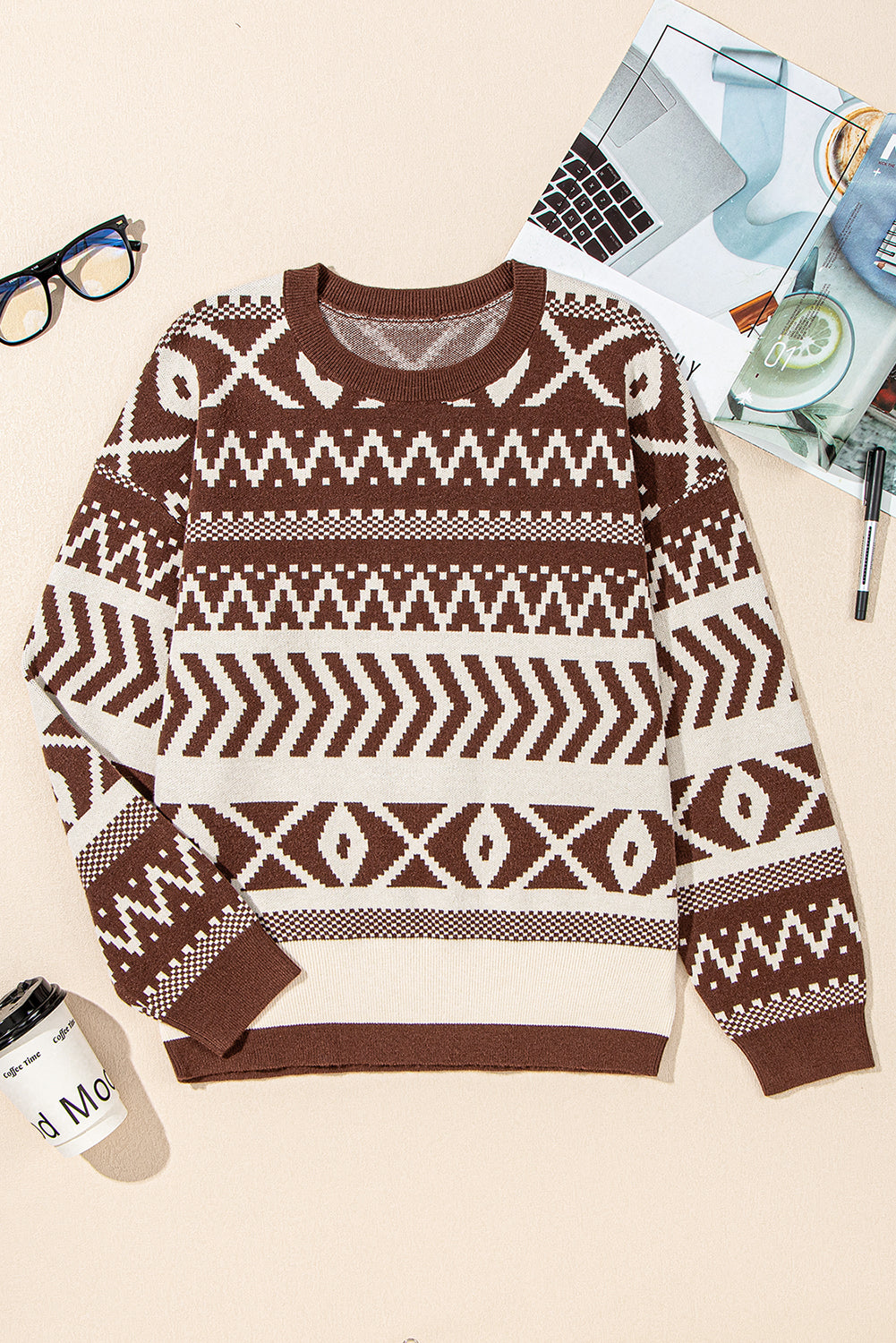 Brown Abstract Print Pullover Sweater