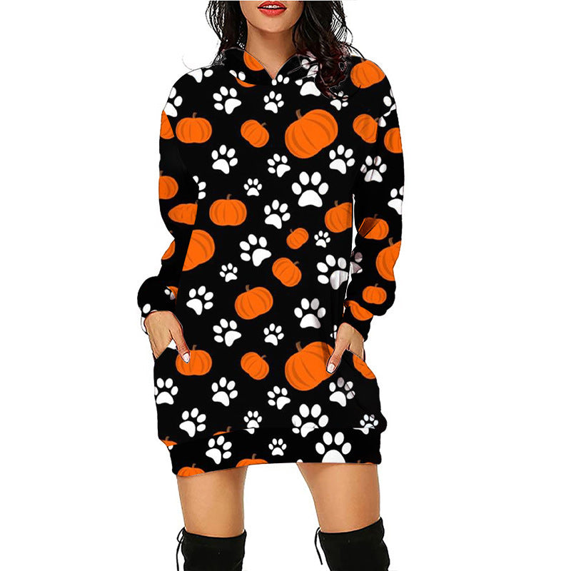 Women Halloween Pumpkin Print Hoodie Dress