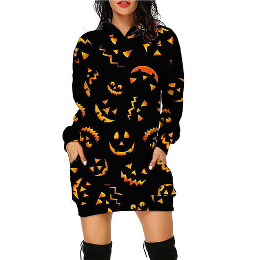 Women Halloween Pumpkin Print Hoodie Dress