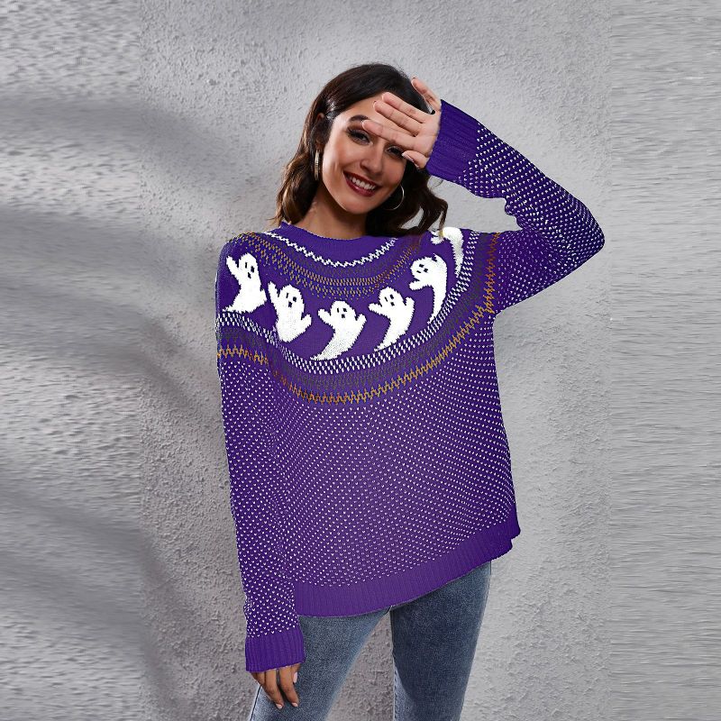 Pull tricoté à manches longues avec motif fantôme d'Halloween rétro pour femme 