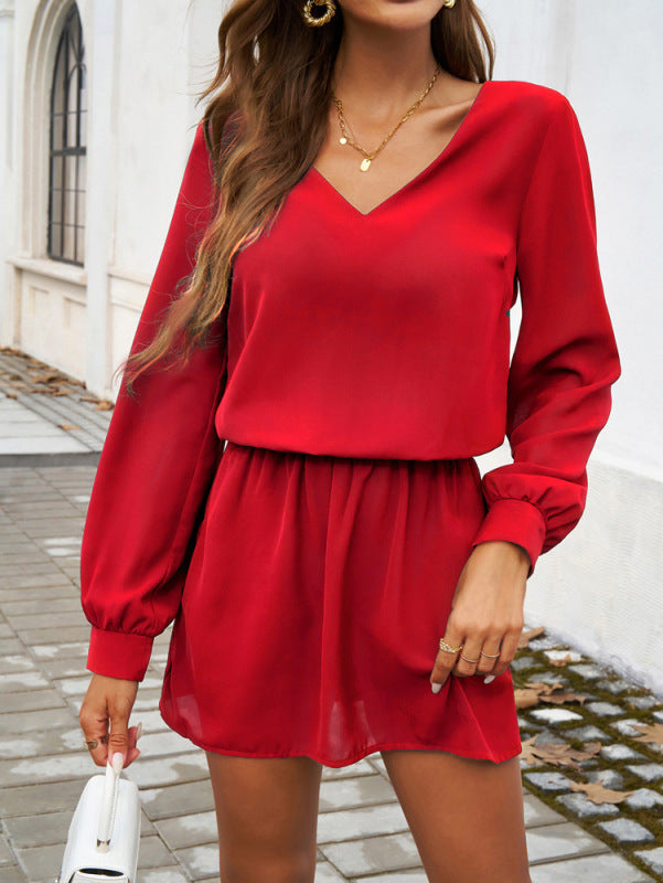 Long-sleeved women's temperament casual solid color puff sleeve dress