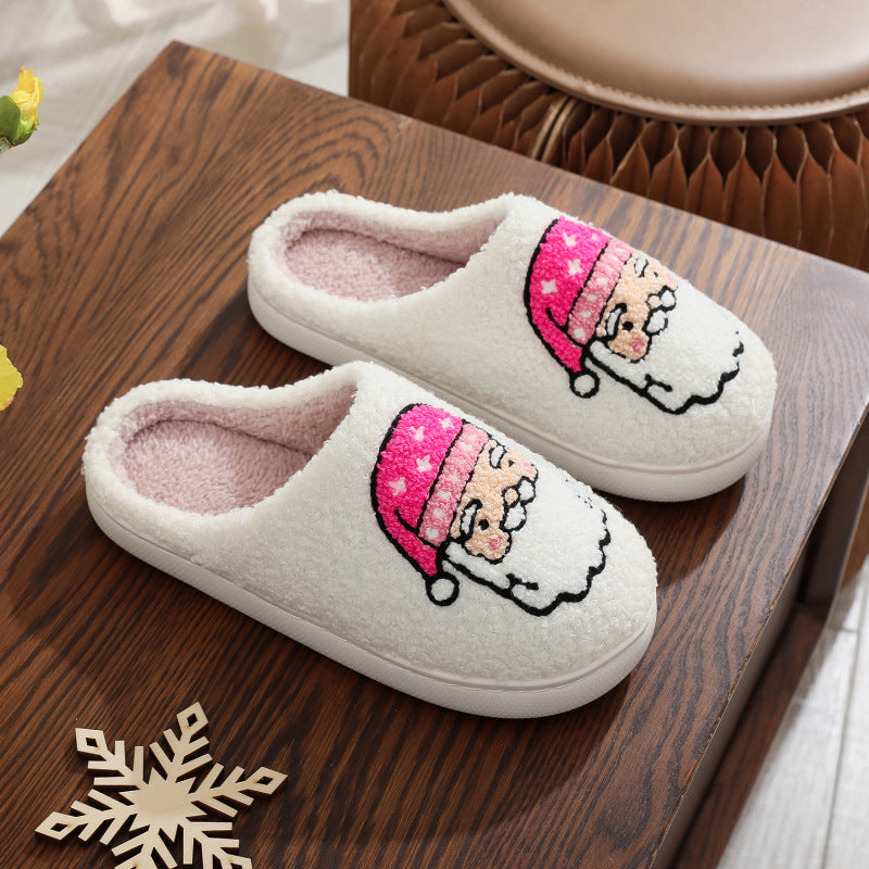 Christmas pink hat Santa Claus pattern unisex home winter wool slippers