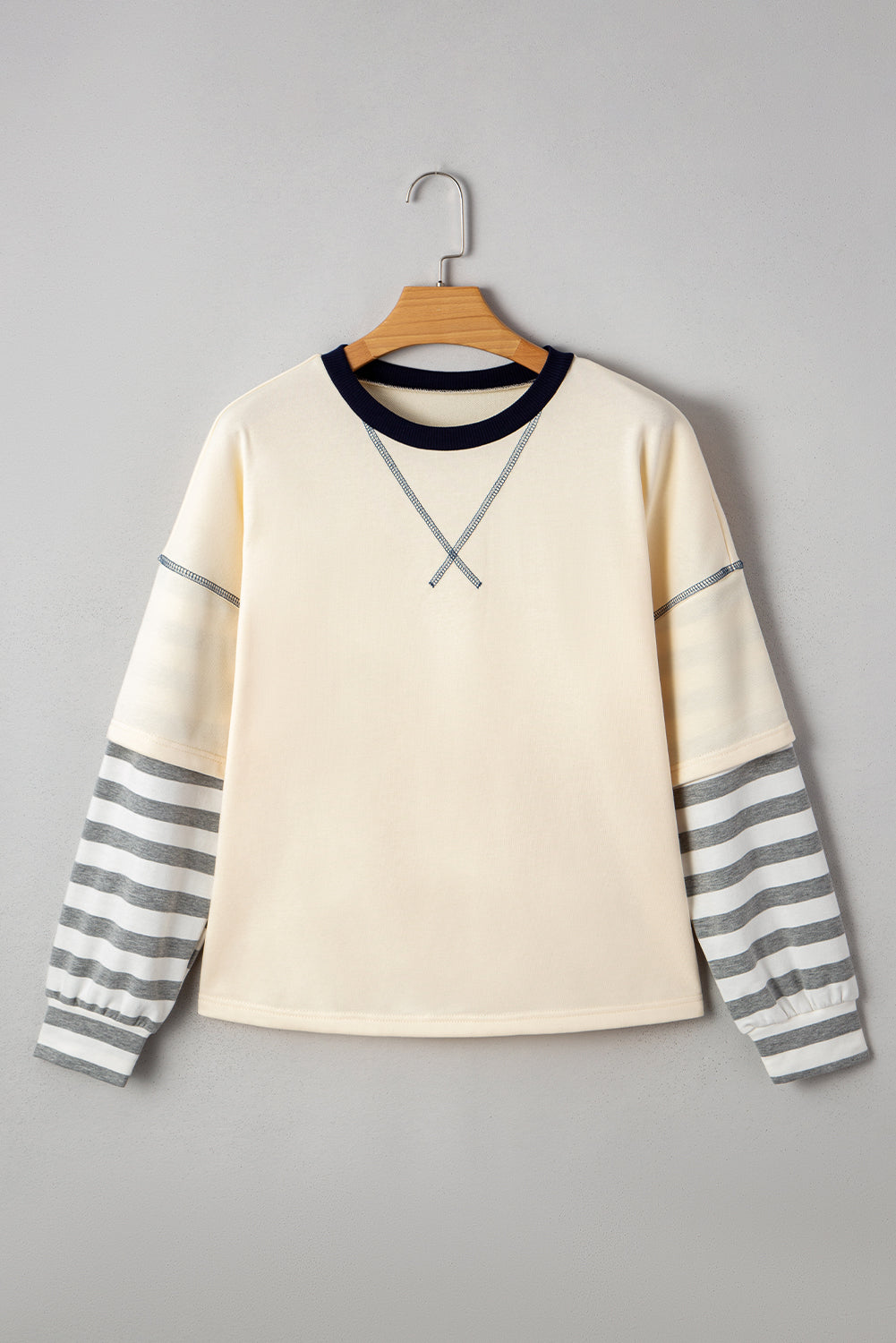Beige Striped Patchwork Two-in-one Long Sleeve Top