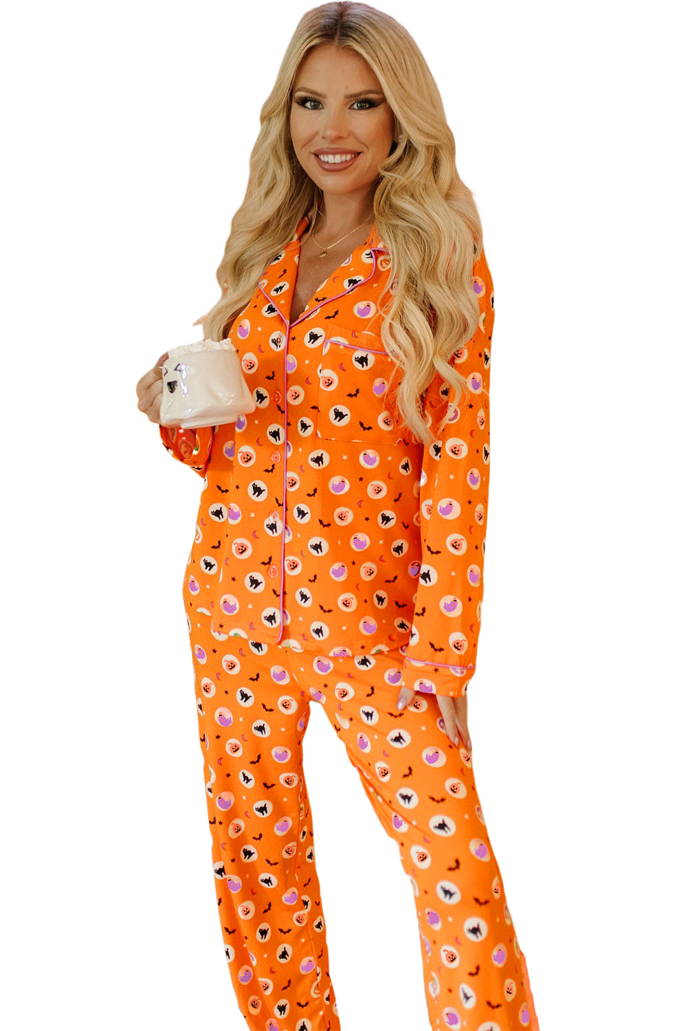 Orange Halloween Print Lapel Shirt Long 2pcs Pajama Set