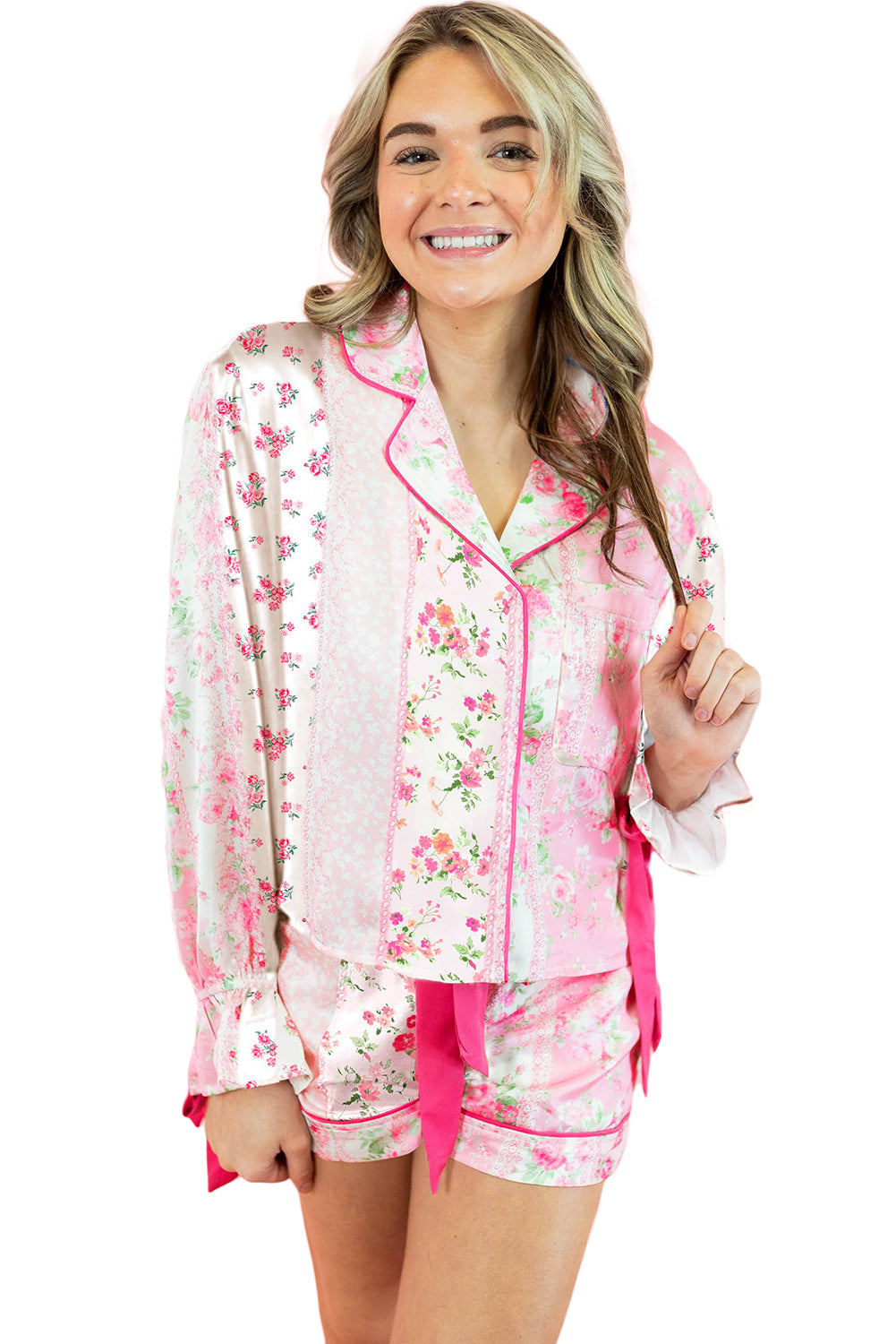 Conjunto de pijama con lazo de satén y ribete en contraste con estampado floral mixto en rosa