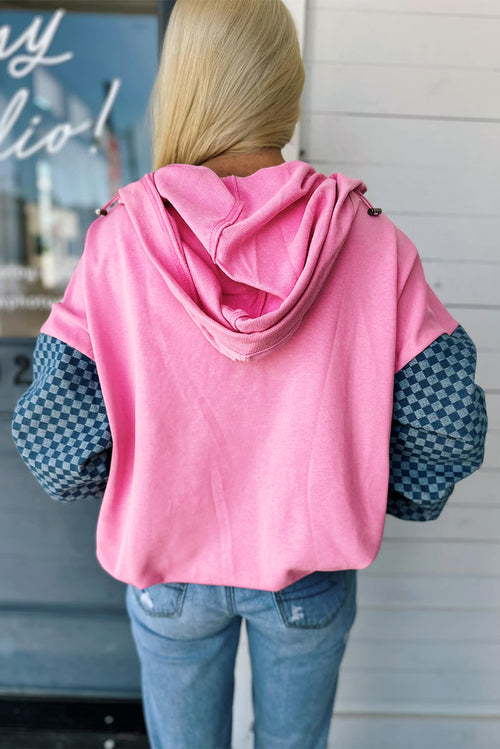 Sweat à capuche à demi-fermeture éclair et poche kangourou à carreaux Bonbon