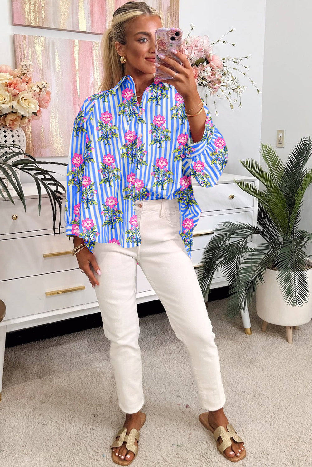 Blue Striped Floral Print Loose Fit Shirt