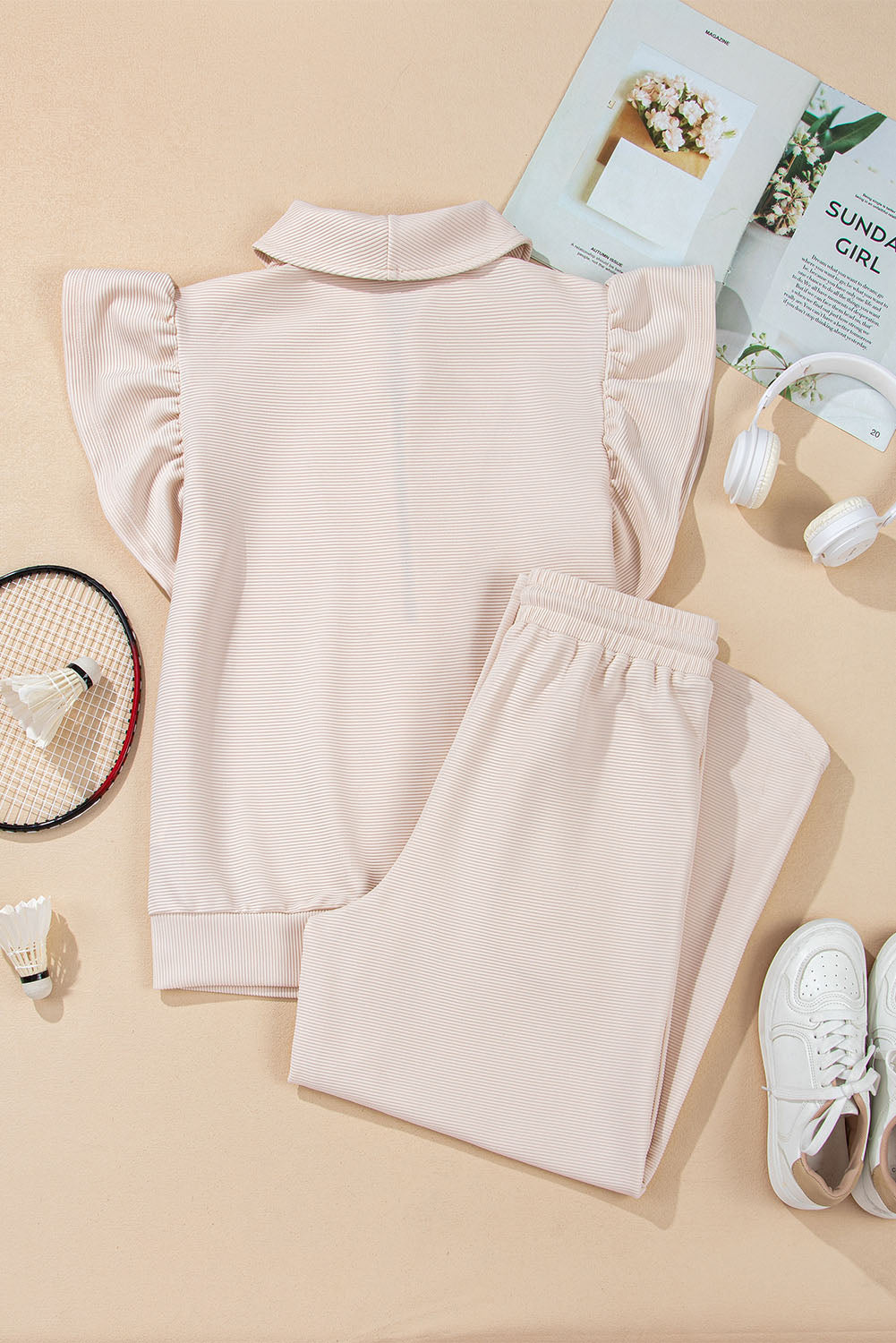 Ensemble haut zippé à manches volantées texturées noires et pantalon à jambe large