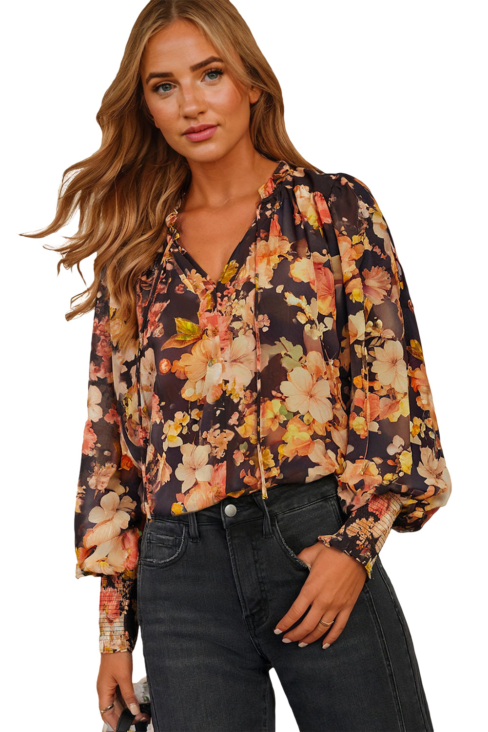 Black Floral V Neck Long Puff Sleeve Breezy Blouse