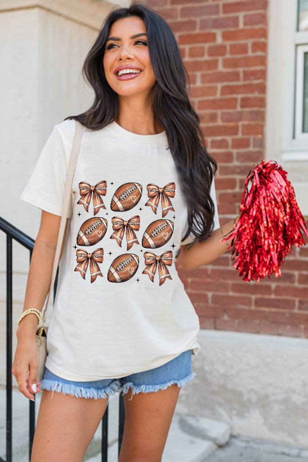 White Rugby Fashion Bow Print Graphic T Shirt