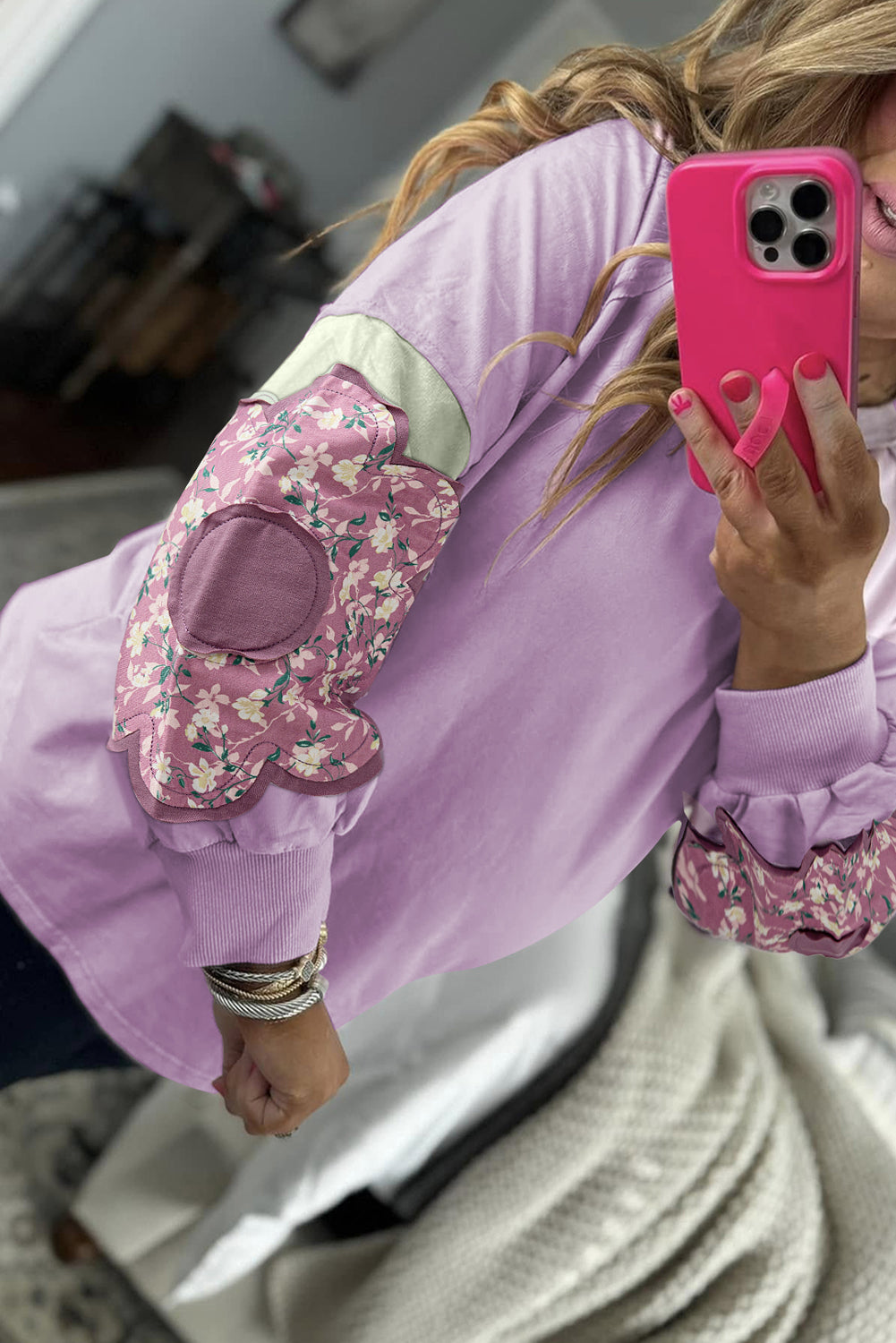 Suéter de talla grande con parches de flores de Phalaenopsis y bloques de color