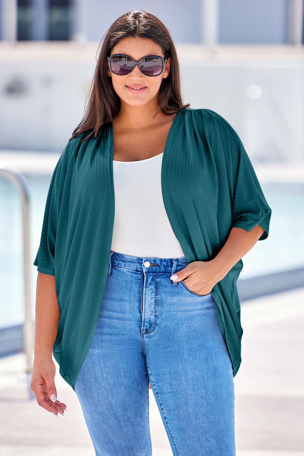 Green-2 Shimmer Ribbed Texture Plus Size Cardigan