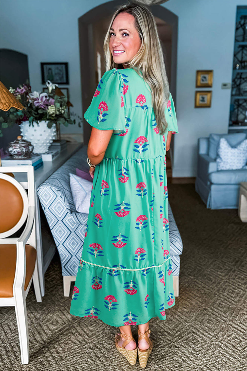 Blue Floral Print Notched Neck Flounce Sleeve Maxi Dress