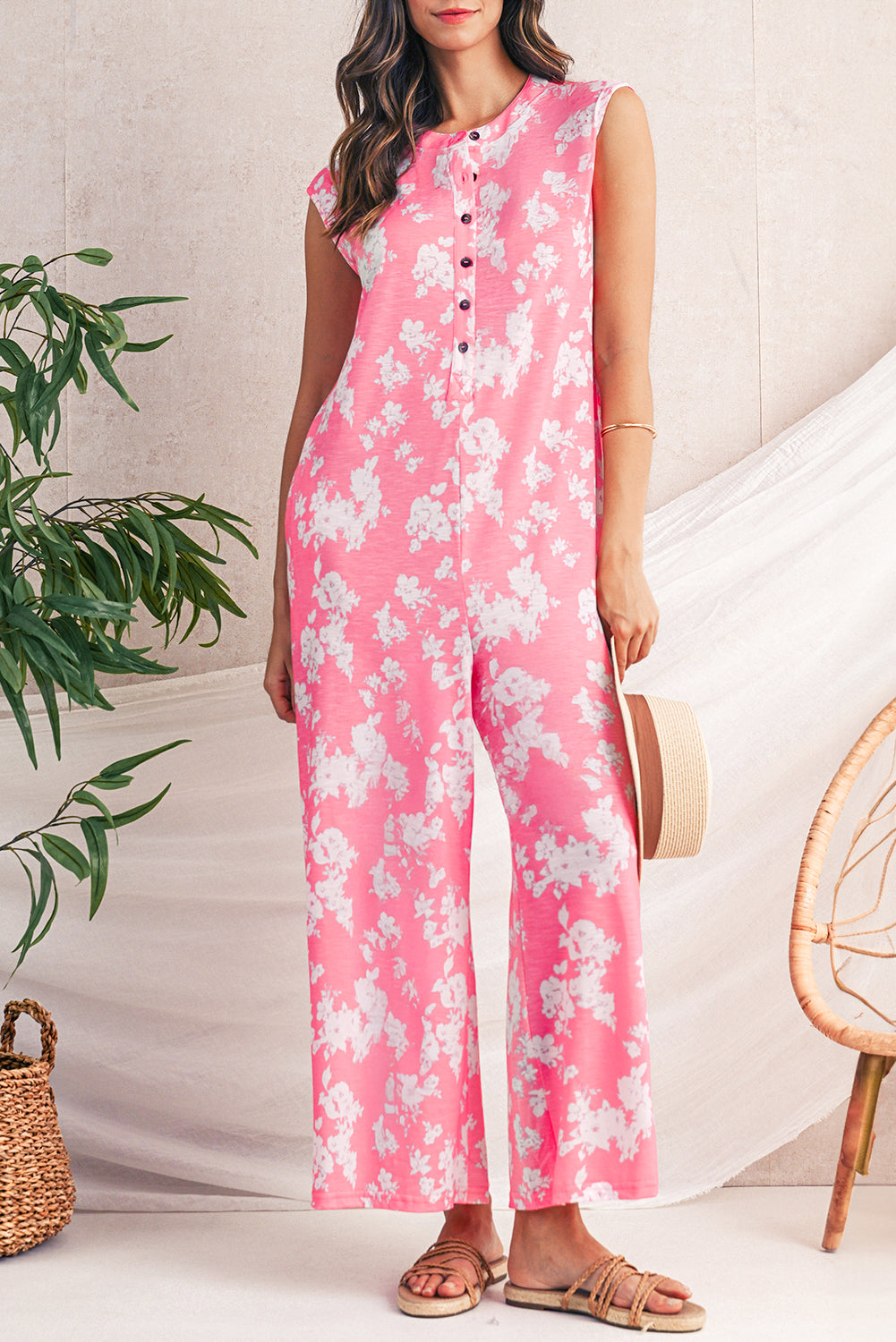 Myosotis Floral Print Sleeveless Wide Leg Jumpsuit