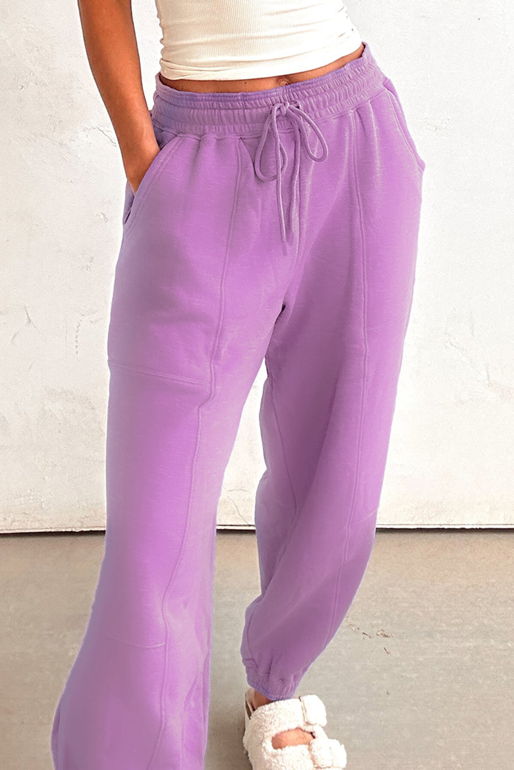 Pantalon de jogging patchwork de couleur unie avec taille élastique et lien lilas