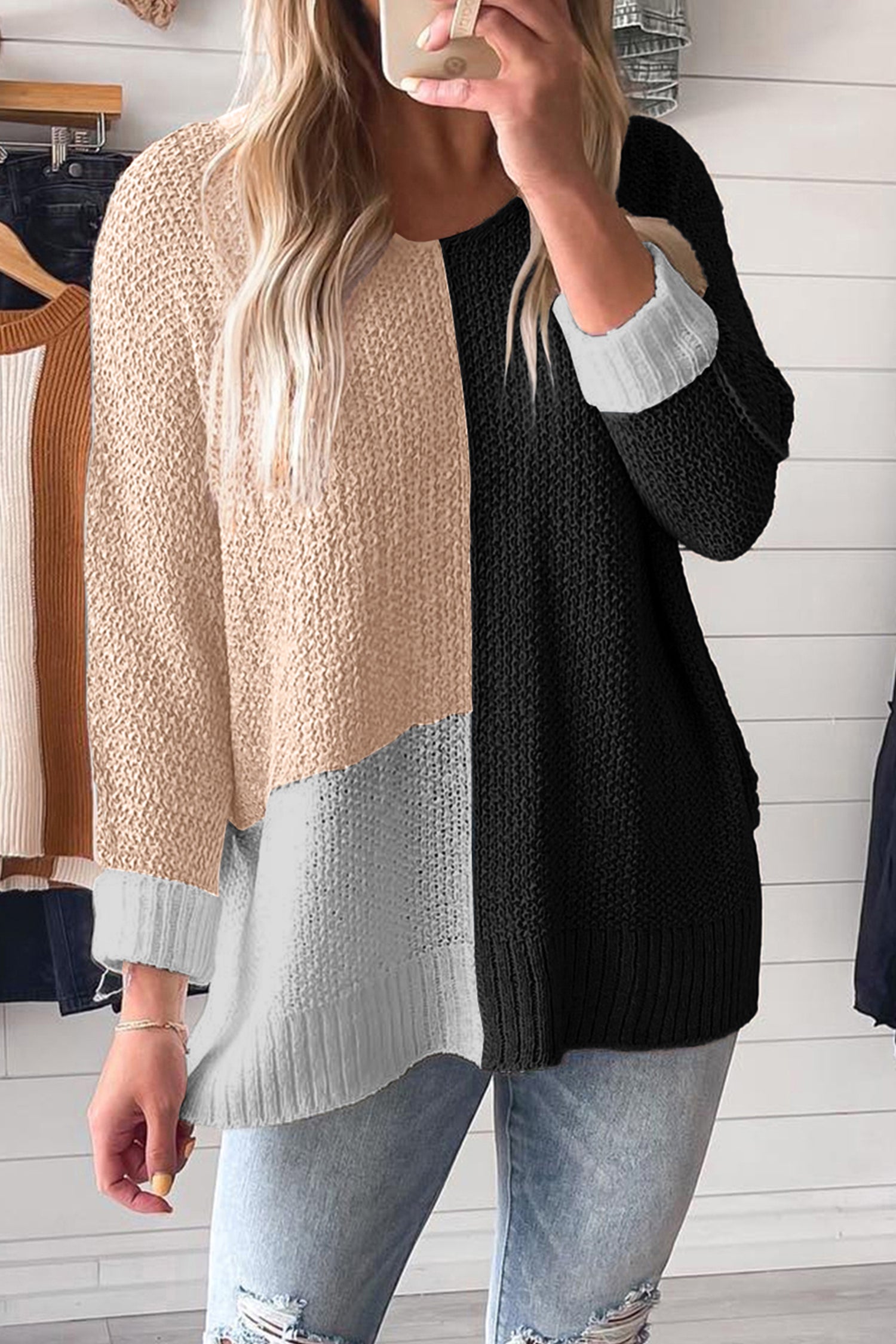 Evergreen Color Block Knit V Neck Loose Sweater