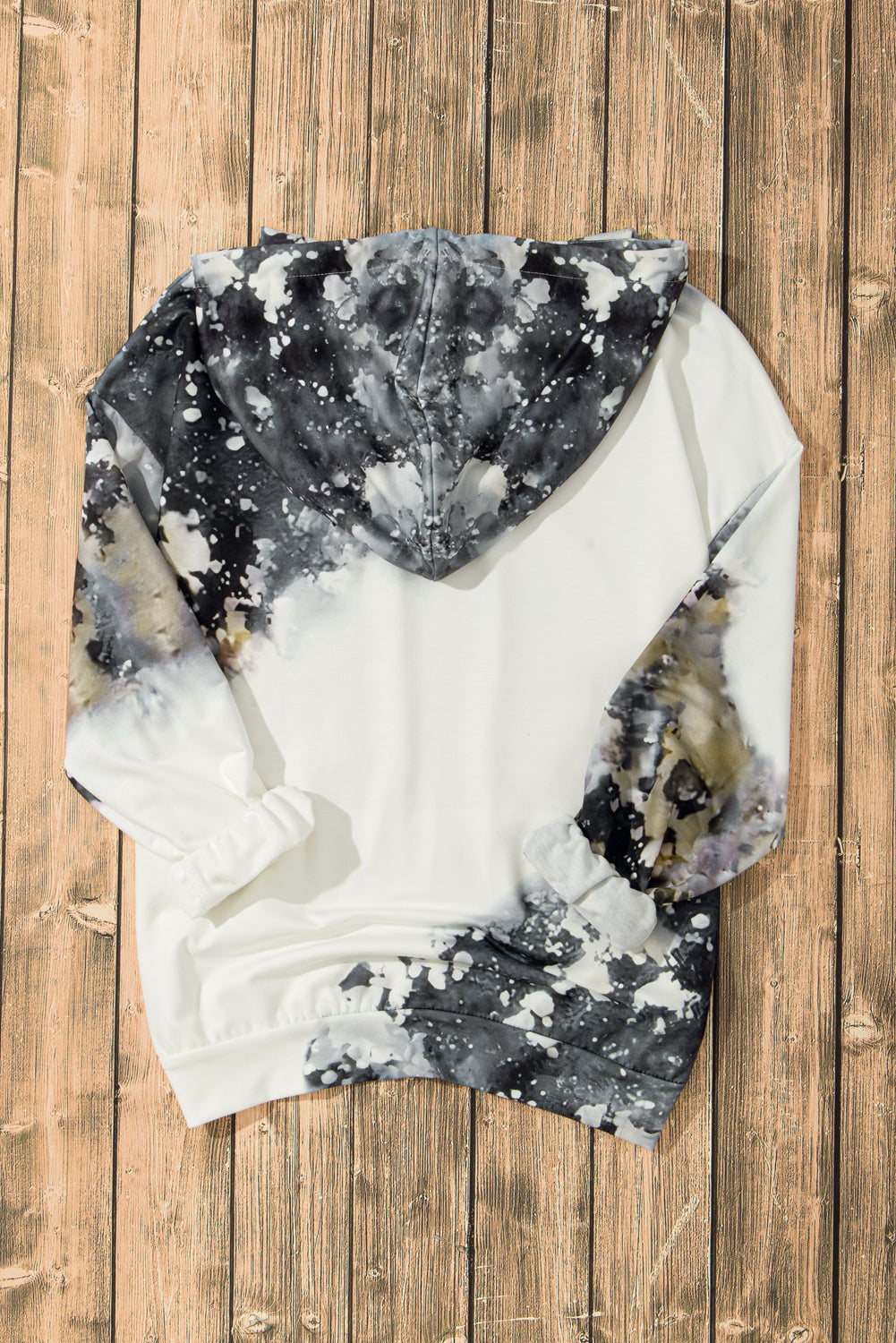 Gray Bleached Tie Dye Kangaroo Pocket Drawstring Hoodie