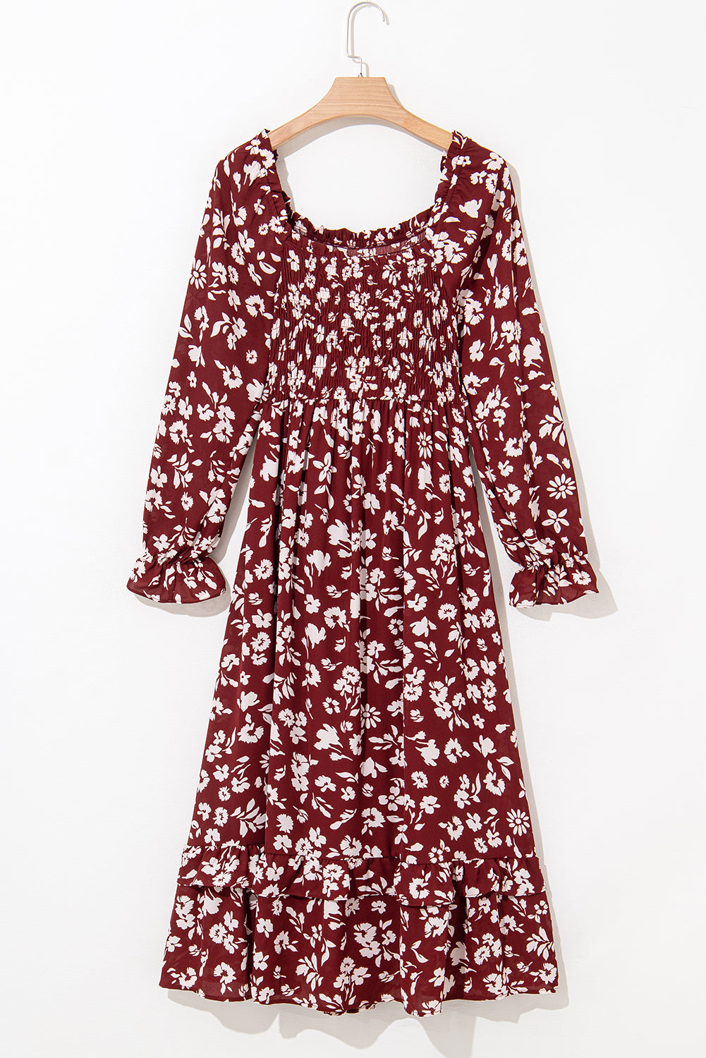 Red Floral Print Long Sleeve Square Neck Smocked Maxi Dress