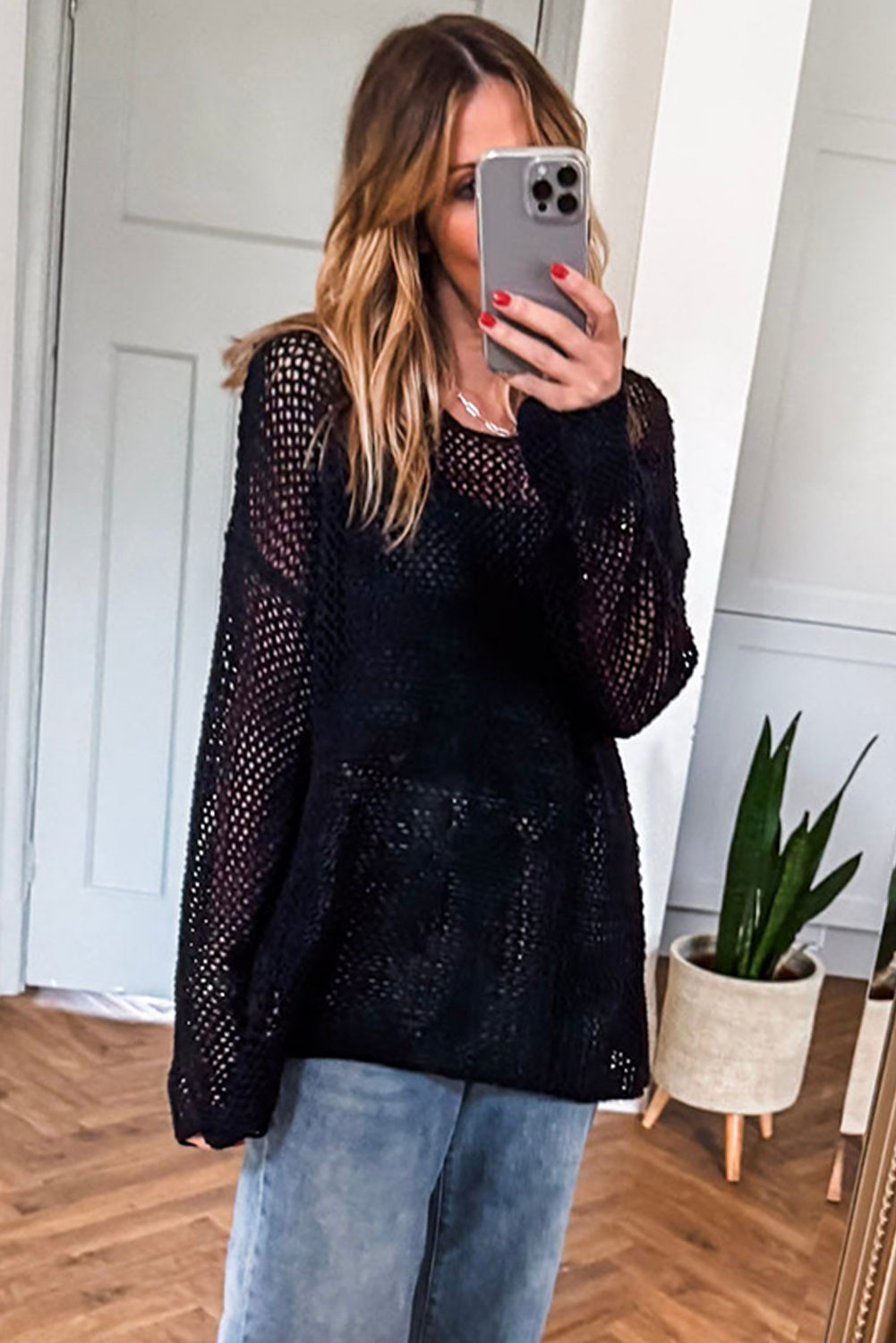 Black Crochet Hollow-out Knit Sweater