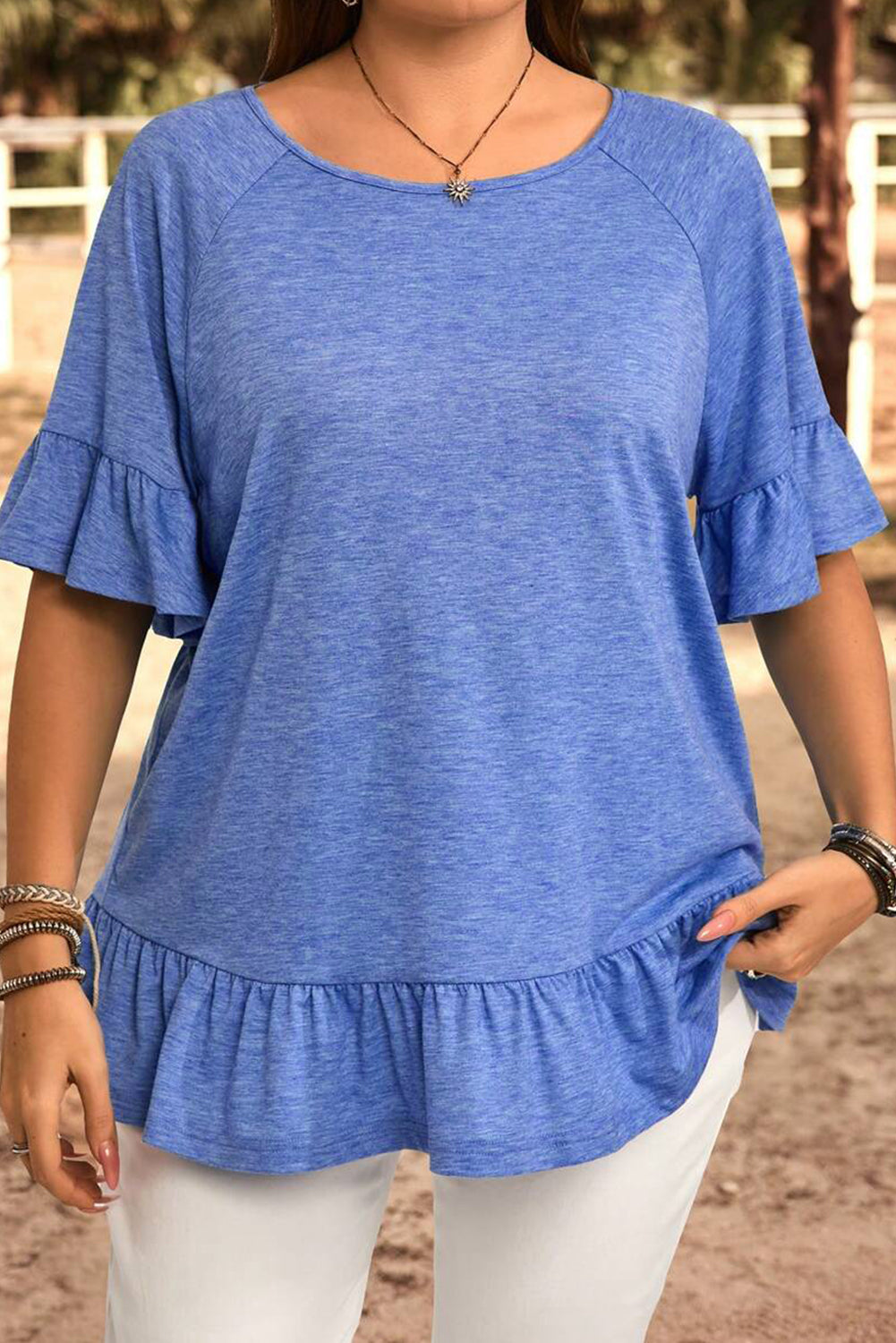 Dusk Blue Ruffle Hem Plus Size Flowy Blouse