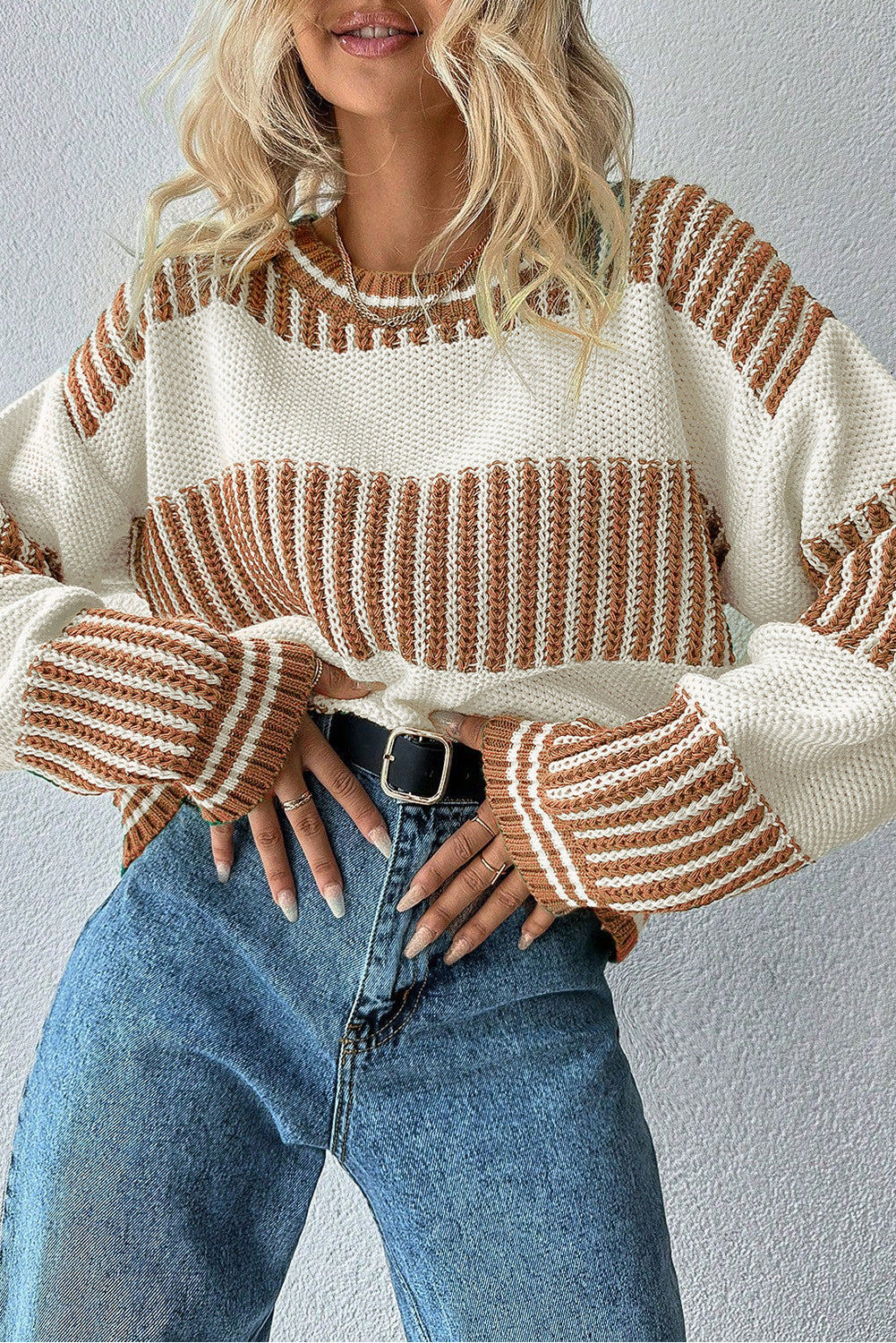 Brown Two Tone Striped Patchwork Drop Shoulder Sweater
