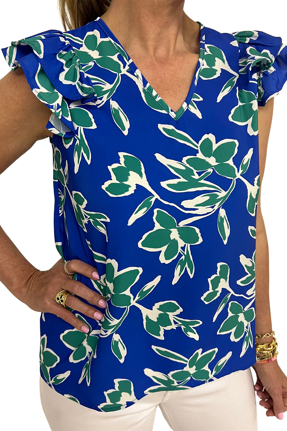 Blue V Neck Floral Print Ruffle Short Sleeve Blouse